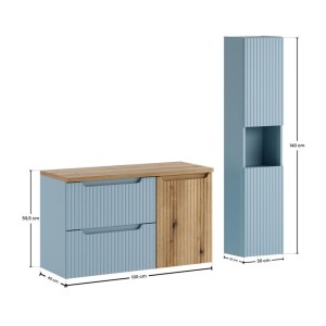 Conjunto VANO azul denim y roble claro 130cm: muebles bajo lavabo con cajones y cesto para la ropa + encimera para lavabo + colu