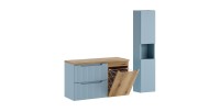 Conjunto VANO azul denim y roble claro 130cm: muebles bajo lavabo con cajones y cesto para la ropa + encimera para lavabo + colu