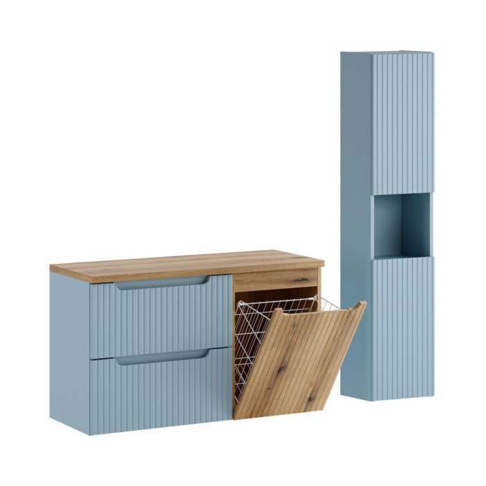 Conjunto VANO azul denim y roble claro 130cm: muebles bajo lavabo con cajones y cesto para ropa + encimera para lavabo + columna