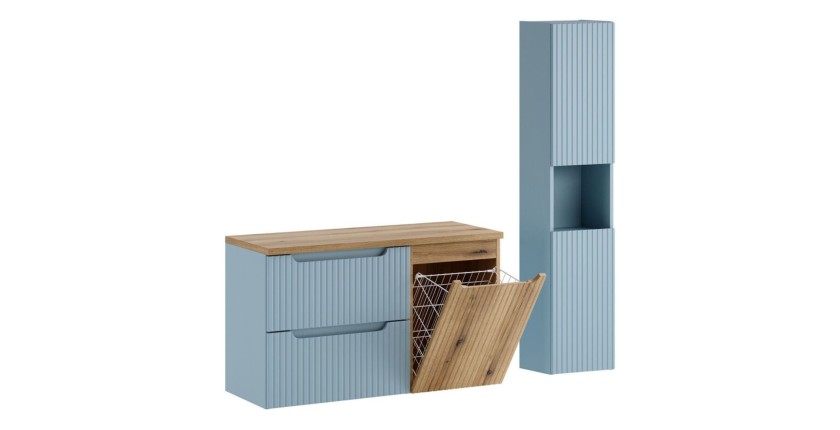Conjunto VANO azul denim y roble claro 130cm: muebles bajo lavabo con cajones y cesto para la ropa + encimera para lavabo + colu