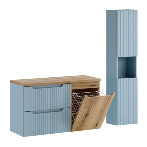 Conjunto VANO azul denim y roble claro 130cm: muebles bajo lavabo con cajones y cesto para la ropa + encimera para lavabo + colu