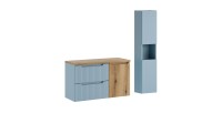 Conjunto VANO azul denim y roble claro 130cm: muebles bajo lavabo con cajones y cesto para la ropa + encimera para lavabo + colu