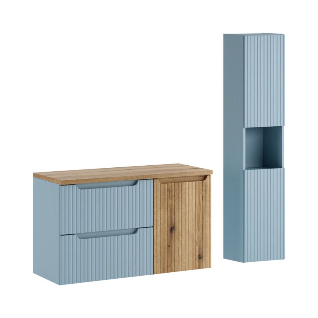 Conjunto VANO azul denim y roble claro 130cm: muebles bajo lavabo con cajones y cesto para la ropa + encimera para lavabo + colu
