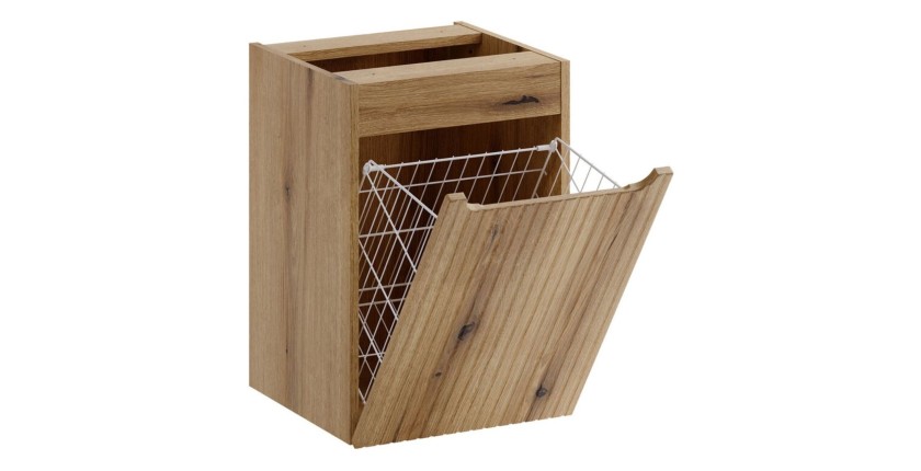 Conjunto VANO azul denim y roble claro 130cm: muebles bajo lavabo con cajones y cesto para la ropa + encimera para lavabo + colu