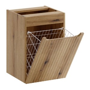 Conjunto VANO azul denim y roble claro 130cm: muebles bajo lavabo con cajones y cesto para la ropa + encimera para lavabo + colu