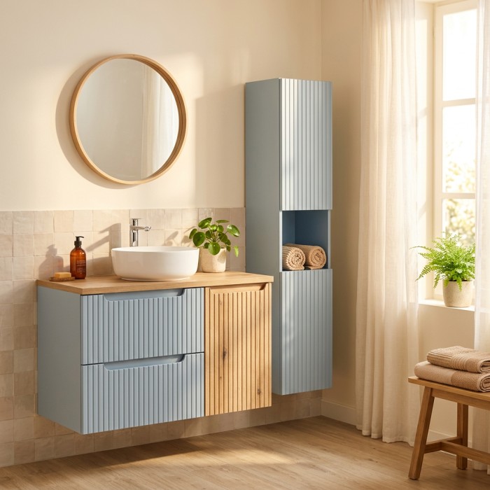 Conjunto VANO azul denim y roble claro 130cm: muebles bajo lavabo con cajones y cesto para ropa + encimera para lavabo + columna