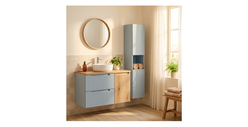 Conjunto VANO azul denim y roble claro 130cm: muebles bajo lavabo con cajones y cesto para la ropa + encimera para lavabo + colu