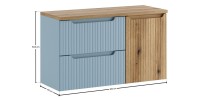 Set VANO denim blu e rovere chiaro 100cm: mobile sotto lavabo con cassetti e cesto della biancheria integrato + piano per lavabo