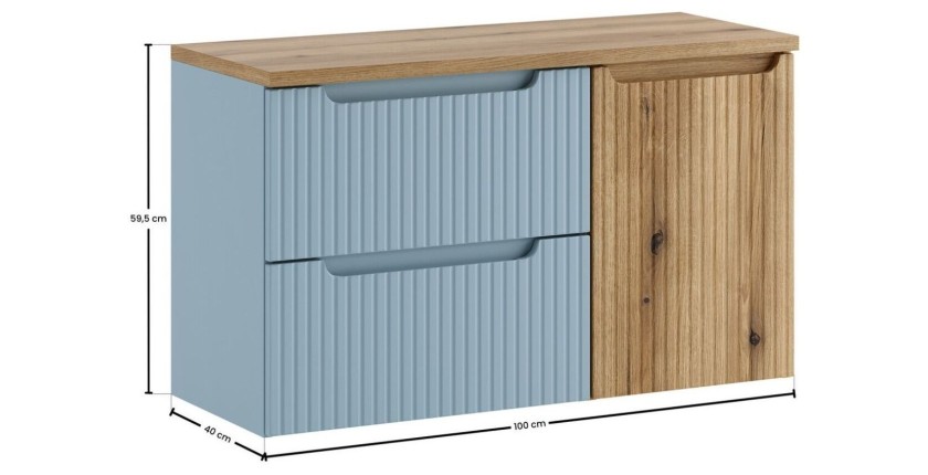 Set VANO denim blu e rovere chiaro 100cm: mobile sotto lavabo con cassetti e cesto della biancheria integrato + piano per lavabo