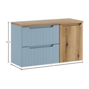 Set VANO denim blu e rovere chiaro 100cm: mobile sotto lavabo con cassetti e cesto della biancheria integrato + piano per lavabo