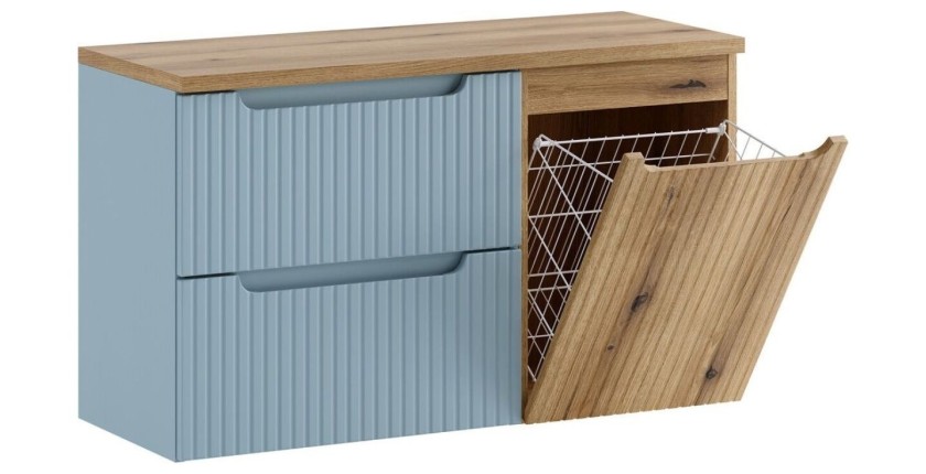Set VANO denim blu e rovere chiaro 100cm: mobile sotto lavabo con cassetti e cesto della biancheria integrato + piano per lavabo