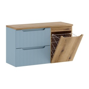 Set VANO denim blu e rovere chiaro 100cm: mobile sotto lavabo con cassetti e cesto della biancheria integrato + piano per lavabo