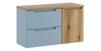 Set VANO denim blu e rovere chiaro 100cm: mobile sotto lavabo con cassetti e cesto della biancheria integrato + piano per lavabo