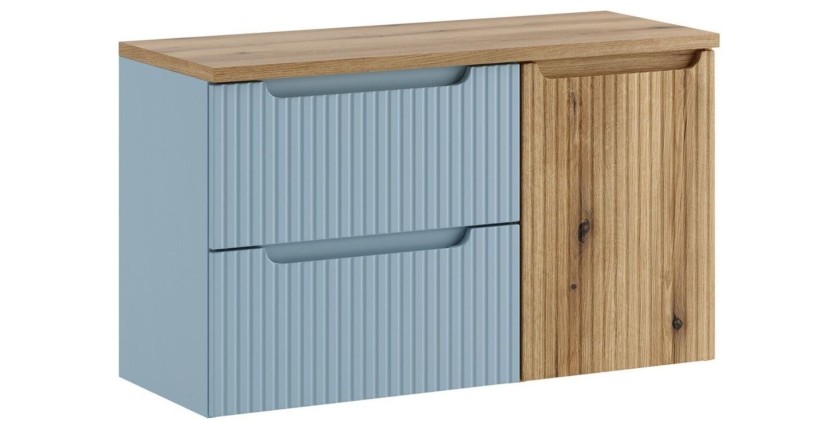 Set VANO denim blu e rovere chiaro 100cm: mobile sotto lavabo con cassetti e cesto della biancheria integrato + piano per lavabo