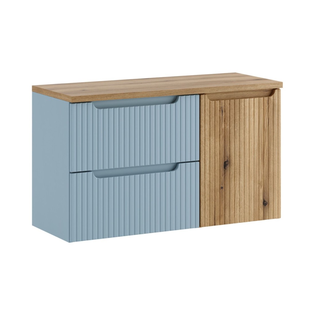 Set VANO denim blu e rovere chiaro 100cm: mobile sotto lavabo con cassetti e cesto della biancheria integrato + piano per lavabo