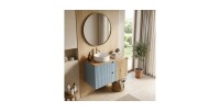 Set VANO denim blu e rovere chiaro 100cm: mobile sotto lavabo con cassetti e cesto della biancheria integrato + piano per lavabo