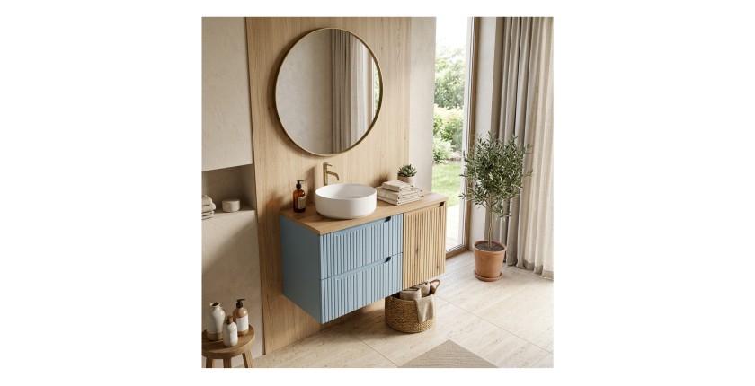 Set VANO denim blu e rovere chiaro 100cm: mobile sotto lavabo con cassetti e cesto della biancheria integrato + piano per lavabo