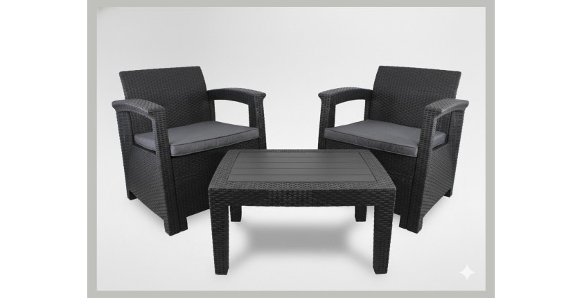 Salon de jardin KALVOR 2 places anthracite avec table basse et fauteuils 