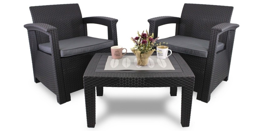 Salon de jardin KALVOR 2 places anthracite avec table basse et fauteuils