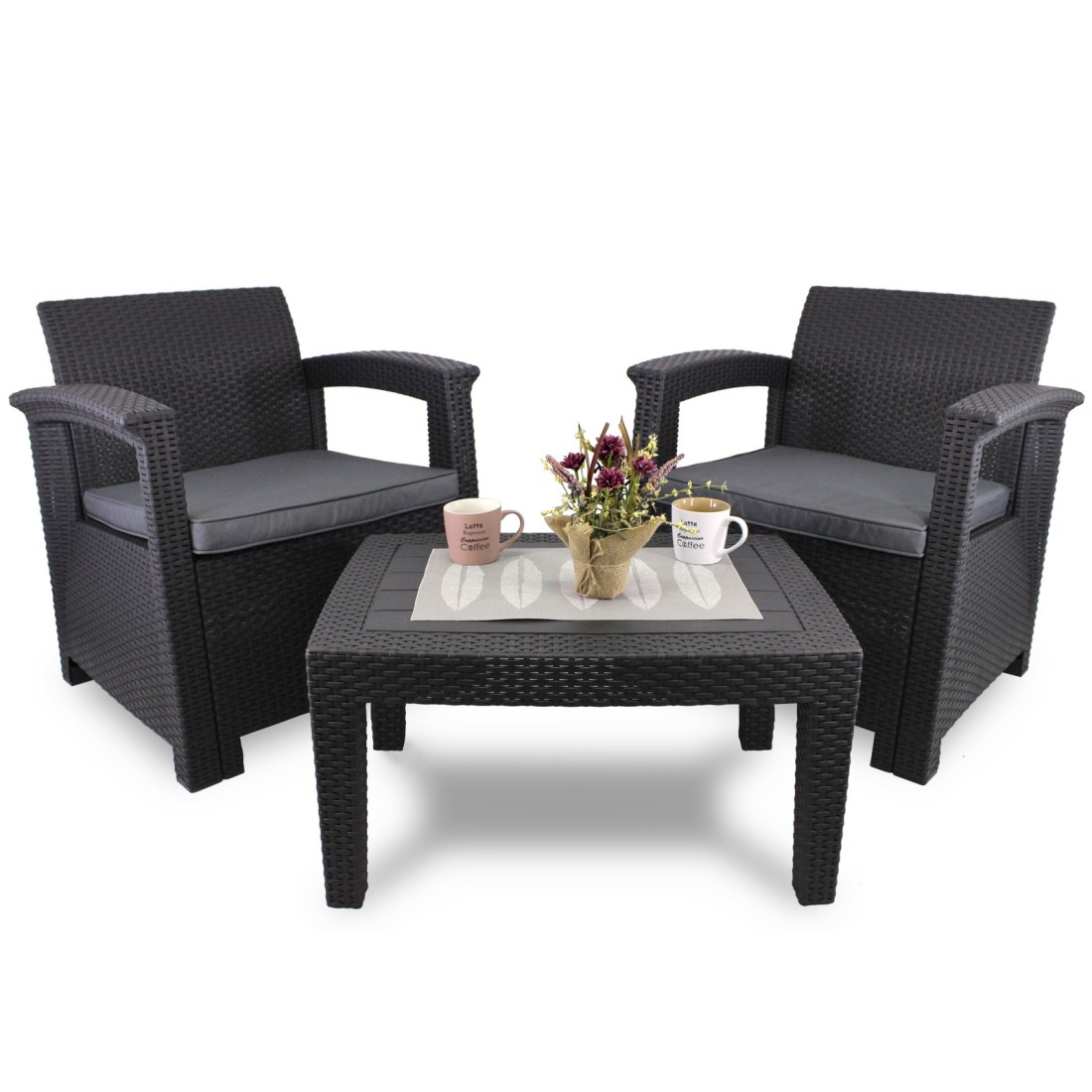 Salon de jardin KALVOR 2 places anthracite avec table basse et fauteuils