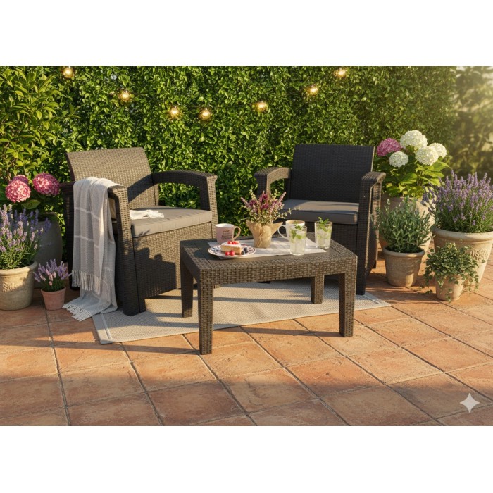 Salon de jardin KALVOR 2 places anthracite avec table basse et fauteuils 