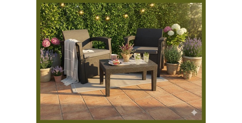 Salon de jardin KALVOR 2 places anthracite avec table basse et fauteuils 
