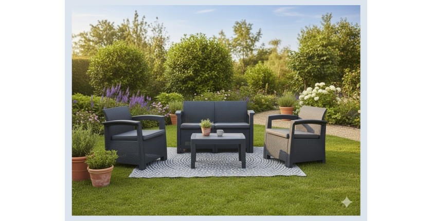 Salon de jardin NEROLIS 4 places anthracite avec canapé, fauteuils et table basse 