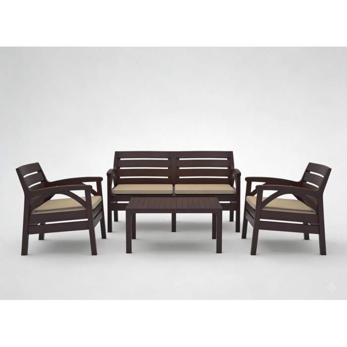 Salon de jardin SAVENNA 4 places marron avec canapée, fauteuils et table basse 