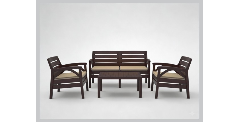 Salon de jardin SAVENNA 4 places marron avec canapée, fauteuils et table basse 
