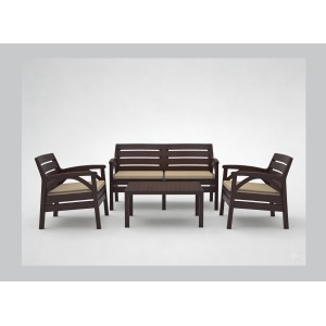 Salon de jardin SAVENNA 4 places marron avec canapée, fauteuils et table basse 