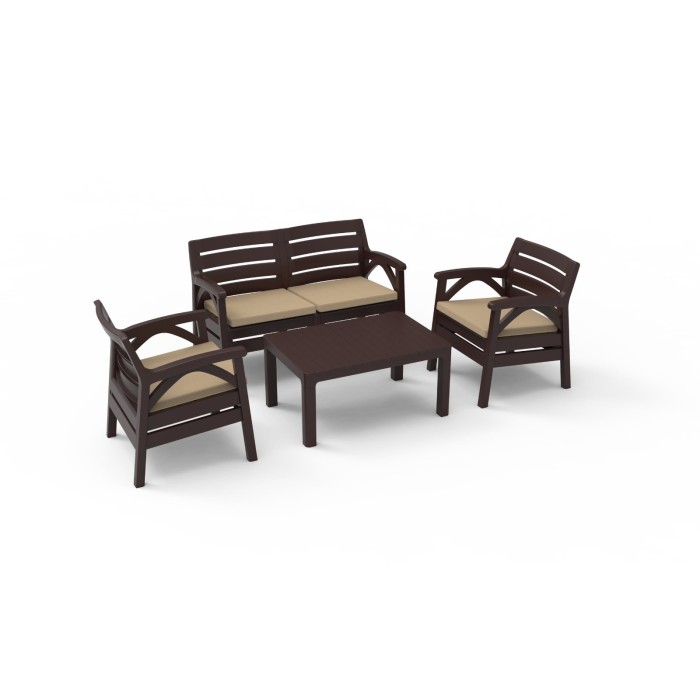 Salon de jardin SAVENNA 4 places marron avec canapée, fauteuils et table basse
