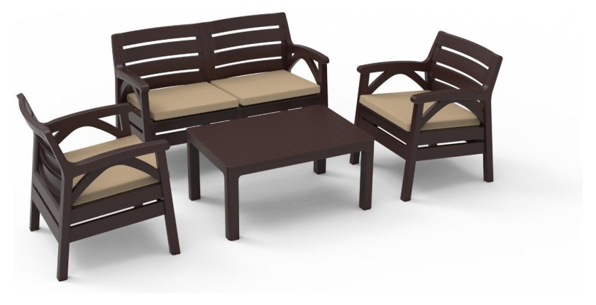 Salon de jardin SAVENNA 4 places marron avec canapée, fauteuils et table basse