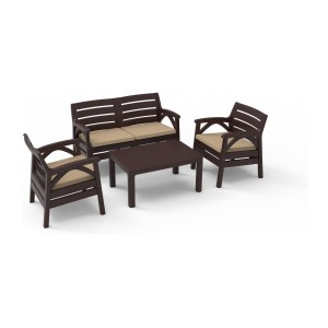 Salon de jardin SAVENNA 4 places marron avec canapée, fauteuils et table basse