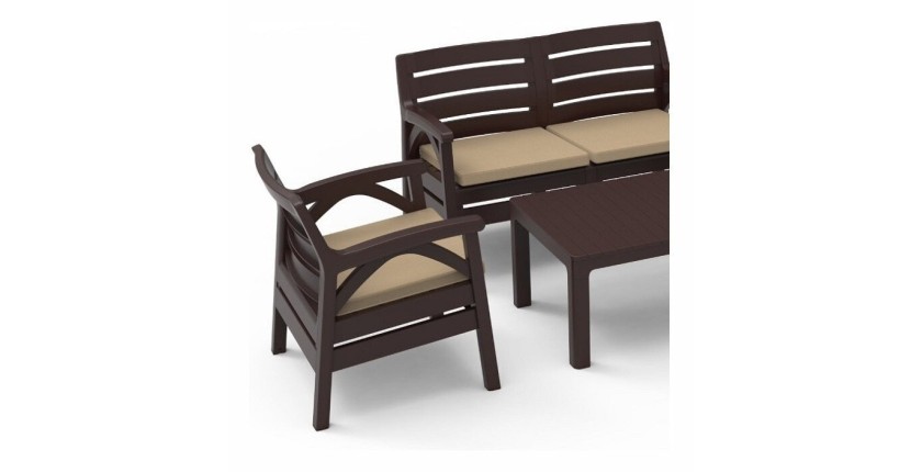 Salon de jardin SAVENNA 4 places marron avec canapée, fauteuils et table basse 