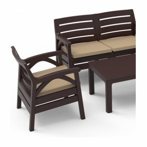 Salon de jardin SAVENNA 4 places marron avec canapée, fauteuils et table basse 