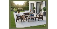 Salon de jardin SAVENNA 4 places marron avec canapée, fauteuils et table basse 