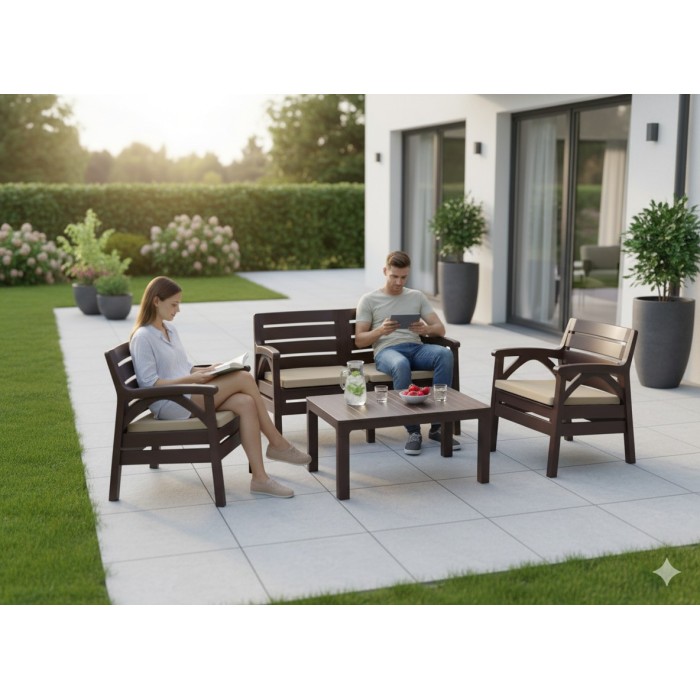 Salon de jardin SAVENNA 4 places marron avec canapée, fauteuils et table basse 