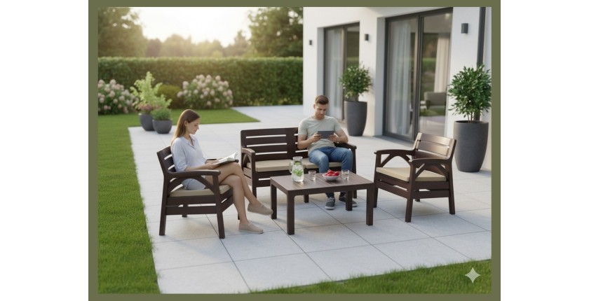 Salon de jardin SAVENNA 4 places marron avec canapée, fauteuils et table basse 