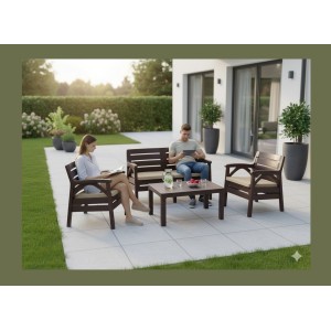 Salon de jardin SAVENNA 4 places marron avec canapée, fauteuils et table basse 