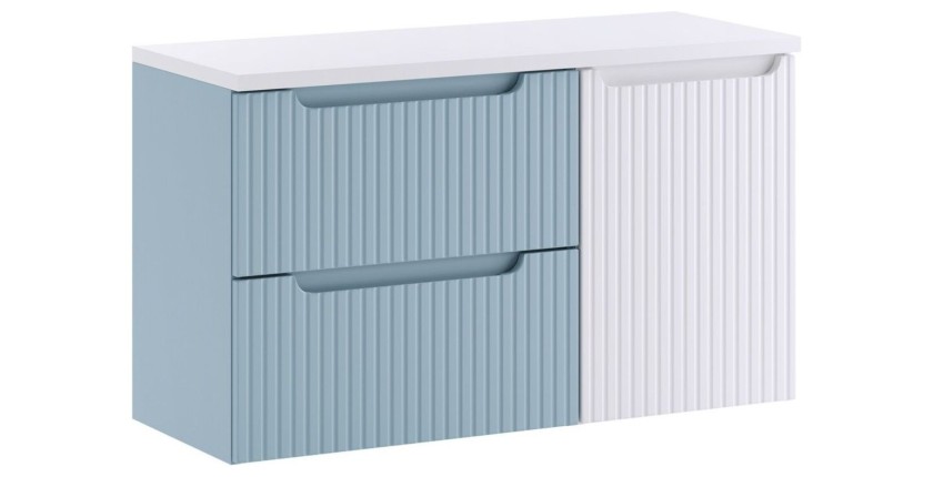 VANO set blauw denim en wit 100cm: ondermeubel met laden en geïntegreerde wasmand + blad voor wastafel