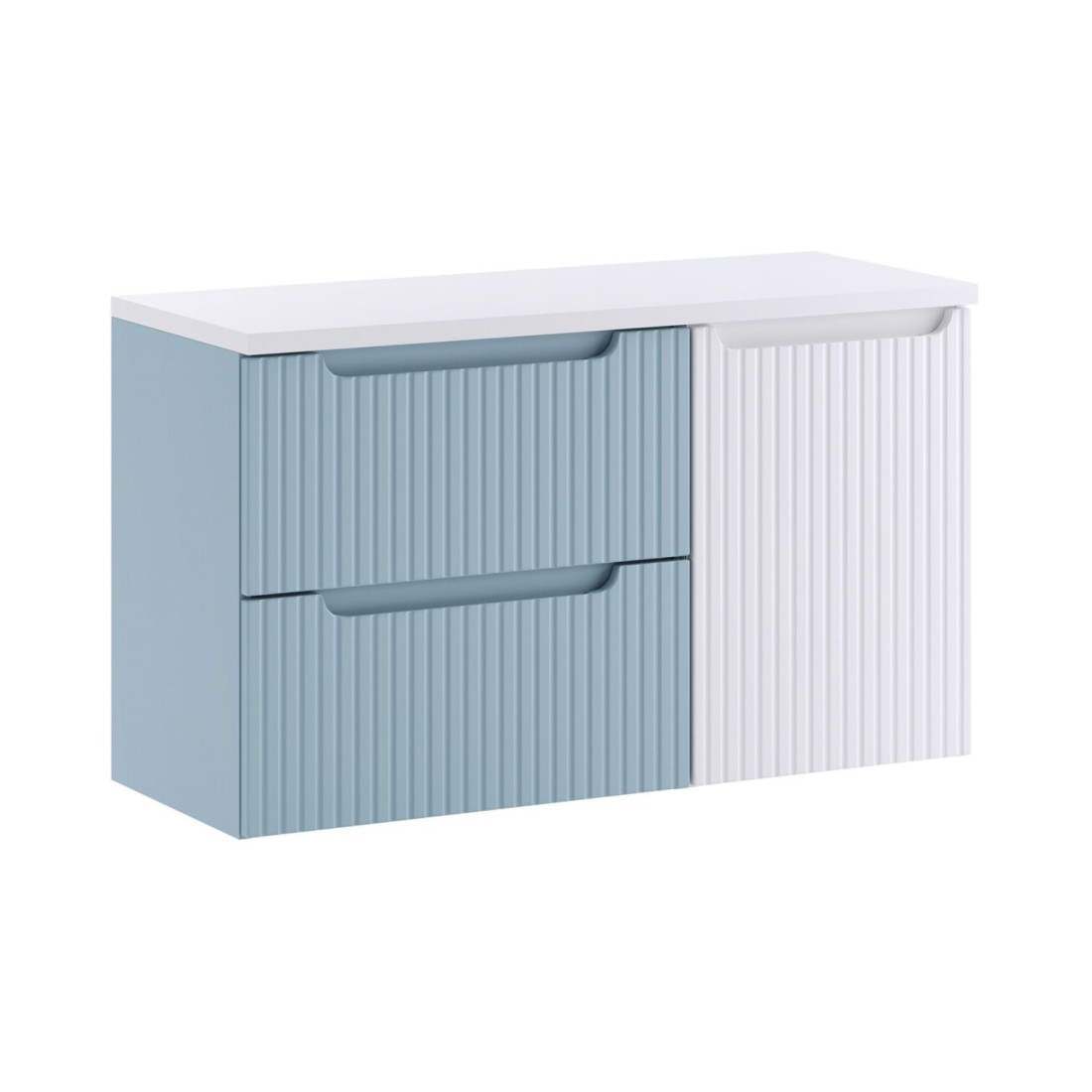 VANO set blauw denim en wit 100cm: ondermeubel met laden en geïntegreerde wasmand + blad voor wastafel