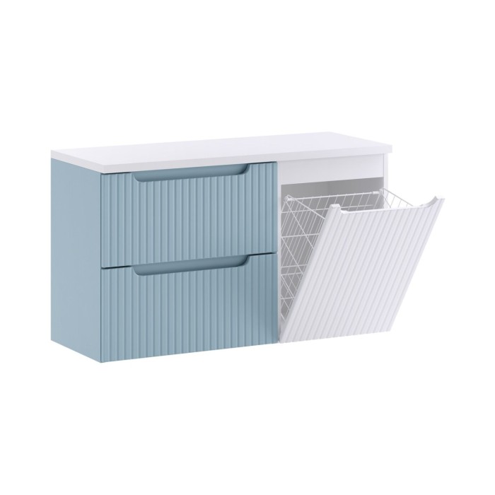 Set VANO blu denim e bianco 100cm: mobile sottolavabo con cassetti e cesto per la biancheria integrato + piano per lavabo