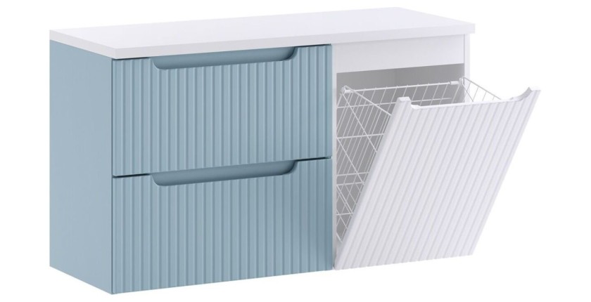 VANO set blauw denim en wit 100cm: ondermeubel met laden en geïntegreerde wasmand + blad voor wastafel