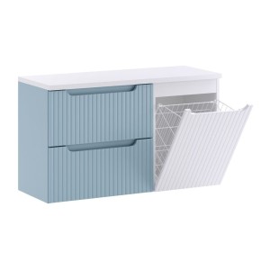 VANO set blauw denim en wit 100cm: ondermeubel met laden en geïntegreerde wasmand + blad voor wastafel