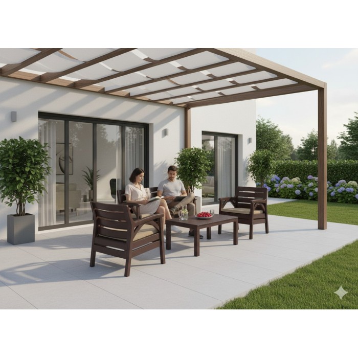Salon de jardin SAVENNA 4 places marron avec canapée, fauteuils et table basse 