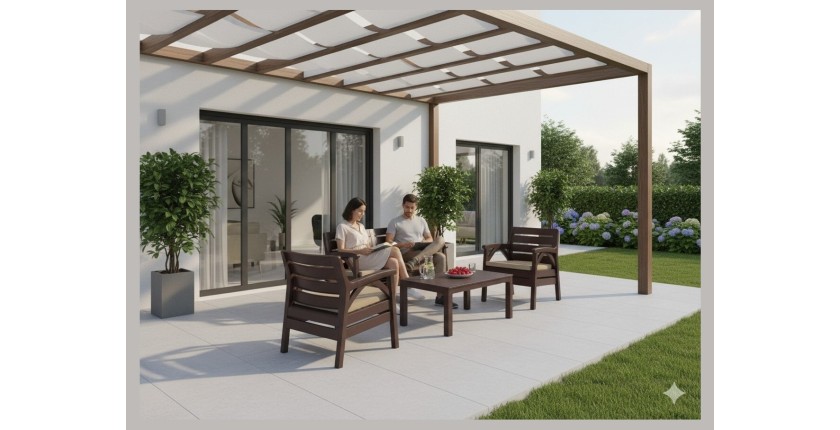 Salon de jardin SAVENNA 4 places marron avec canapée, fauteuils et table basse 