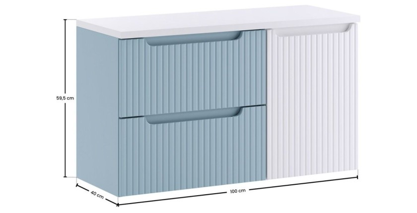 VANO set blauw denim en wit 100cm: ondermeubel met laden en geïntegreerde wasmand + blad voor wastafel