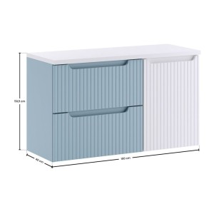 VANO set blauw denim en wit 100cm: ondermeubel met laden en geïntegreerde wasmand + blad voor wastafel