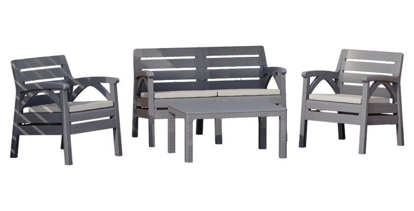 Salon de jardin SAVENNA 4 places anthracite avec canapé, fauteuils et table basse