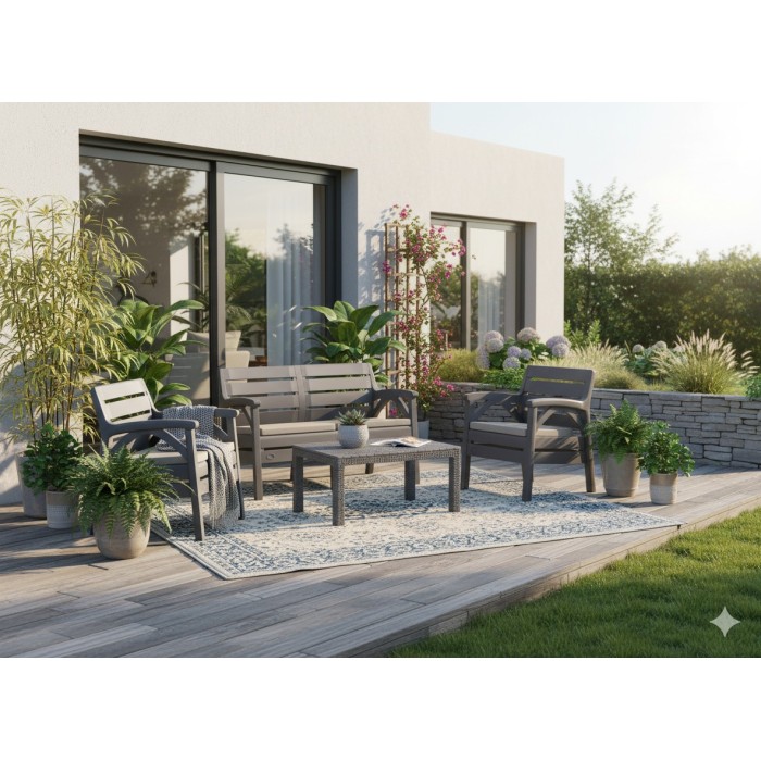 Salon de jardin SAVENNA 4 places anthracite avec canapé, fauteuils et table basse 